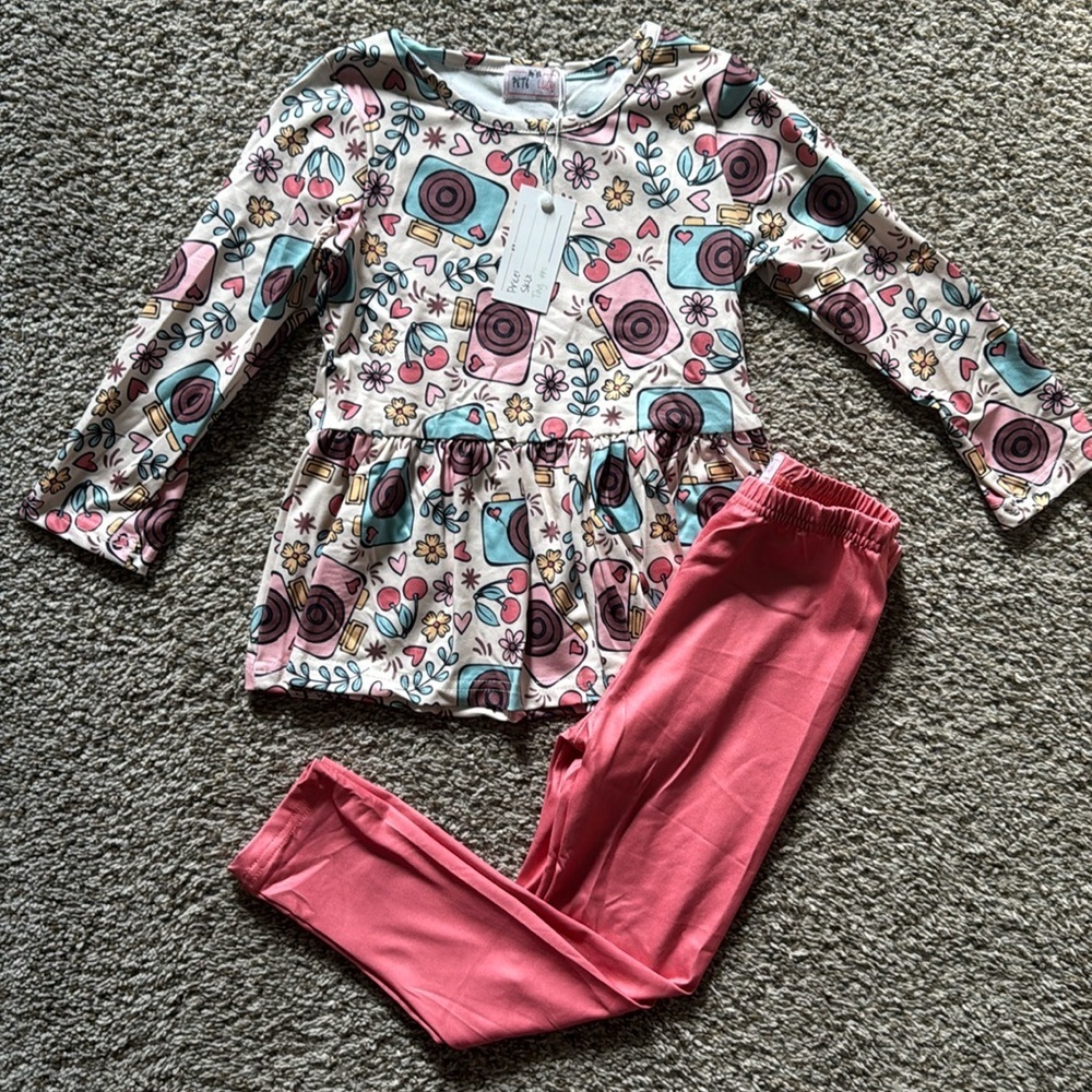 MEW Pete + Lucy 2pc Set Kids Camera Print Peplum Top & Pink Legging Matching Set